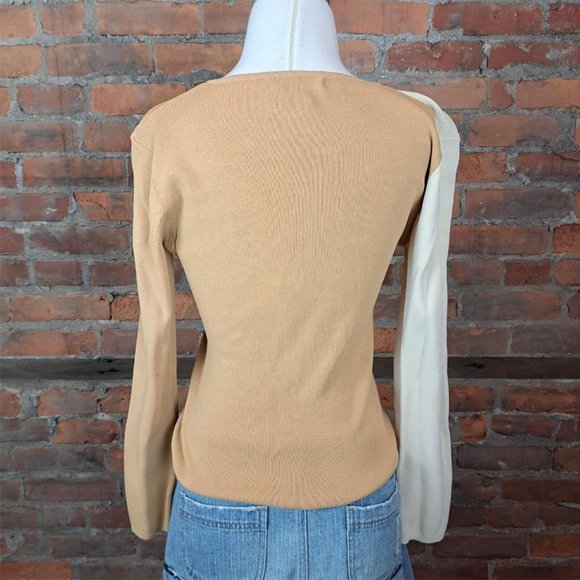 VTG Pullover Sweater Tan Ivory Color Block Rope Trim 3/4 Sleeves Lightwt Sz S - Picture 4 of 6